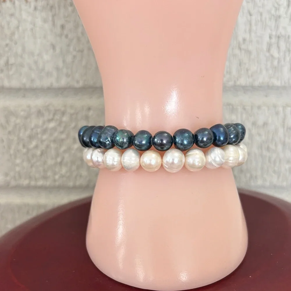 Set of 2 Genuine 8mm Steel Blue & Cream Dyed Pearl Stretch Bracelets 6.5